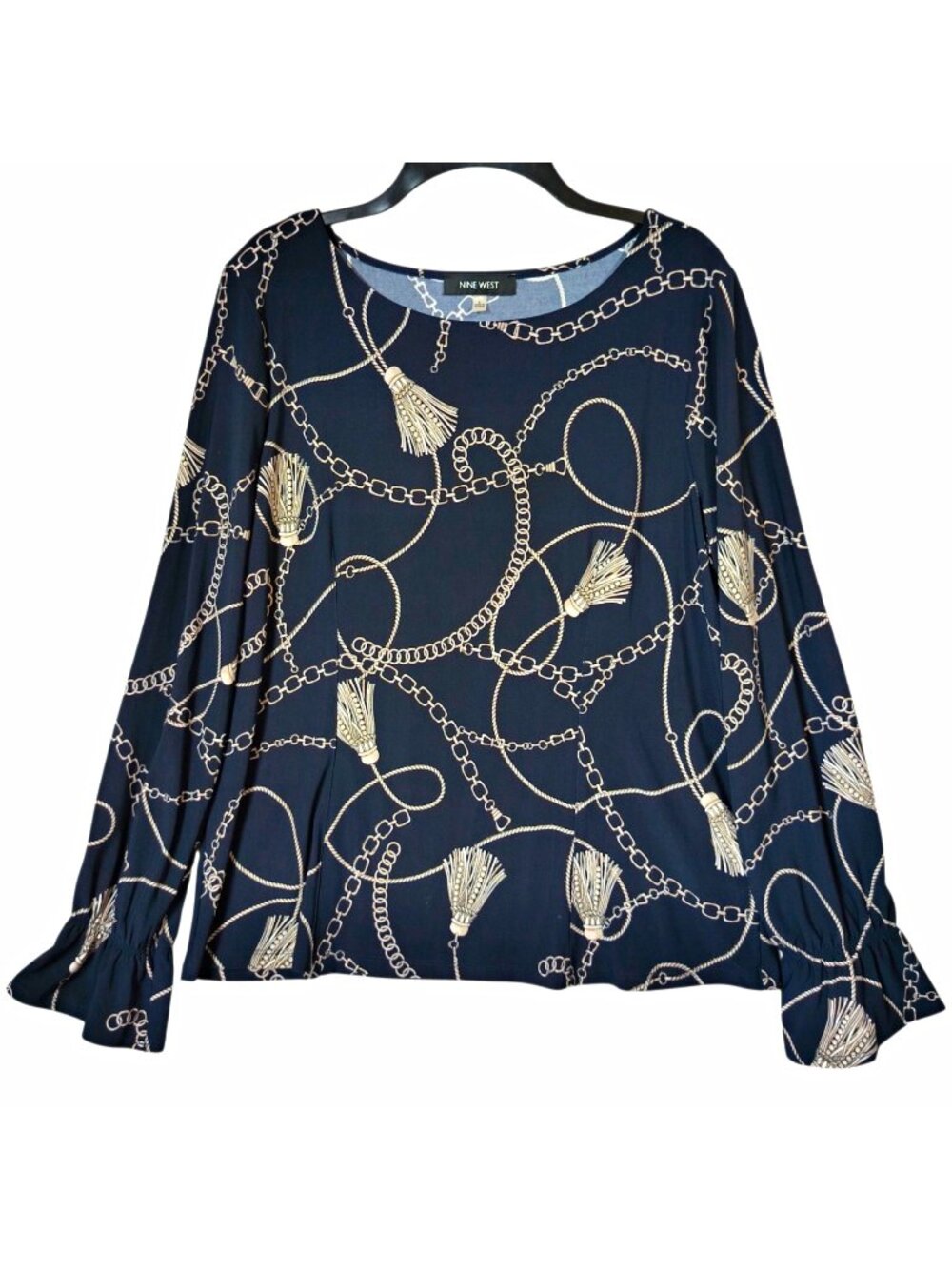 Nine West Large Navy Gold Chain Tassel Print Long Sleeve Blouse Ruffle Cuff